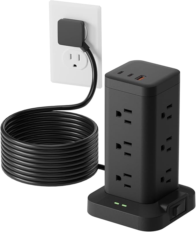 15-in-1 Power Strip Tower with Surge Protector 1800J, Fast Charging Tower PD20W USB-C Ports with 12 AC Outlets, 9.8ft Extension Cord for Home Office Dorm Room, Black