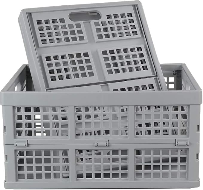 Hespapa 35 Quart Folding Crates, Plastic Collapsible Storage Container Milk Crate Baskets(Grey, 2 Pack)