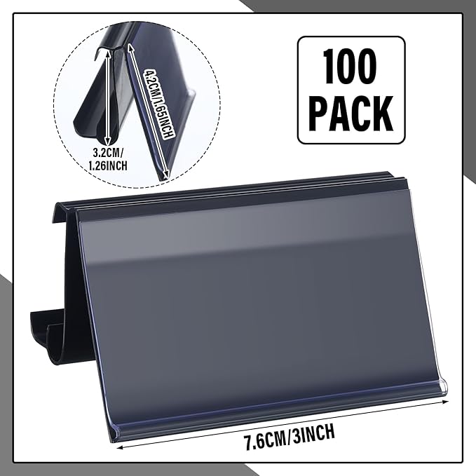 Kathfly 100 Pcs Wire Shelf Label Holders Compatible with Metro 1-1/4in Shelves, Plastic Wire Rack Label Holder 3 l x 1.25 H Price Tag Shelf Clips On, Black