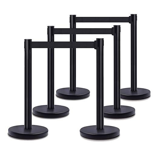 DuraSteel Black Crowd Control Barriers Stanchions with Retractable Belts - Metal Stanchion Posts w/ 6.5ft Black Retractable Barrier Belt Ropes - Queue VIP Safety Line Dividers - Set of 6 Stantions