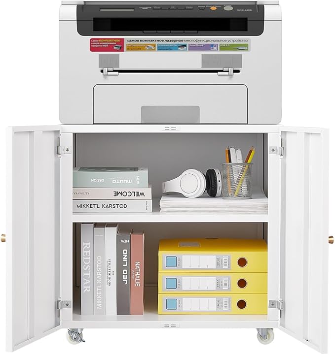 Print Mobile Printer Stand, Rolling Filing Cabinet, Lateral Office Filing Cabinet fits A4 or Letter Size for Home Office (White, H23.62)