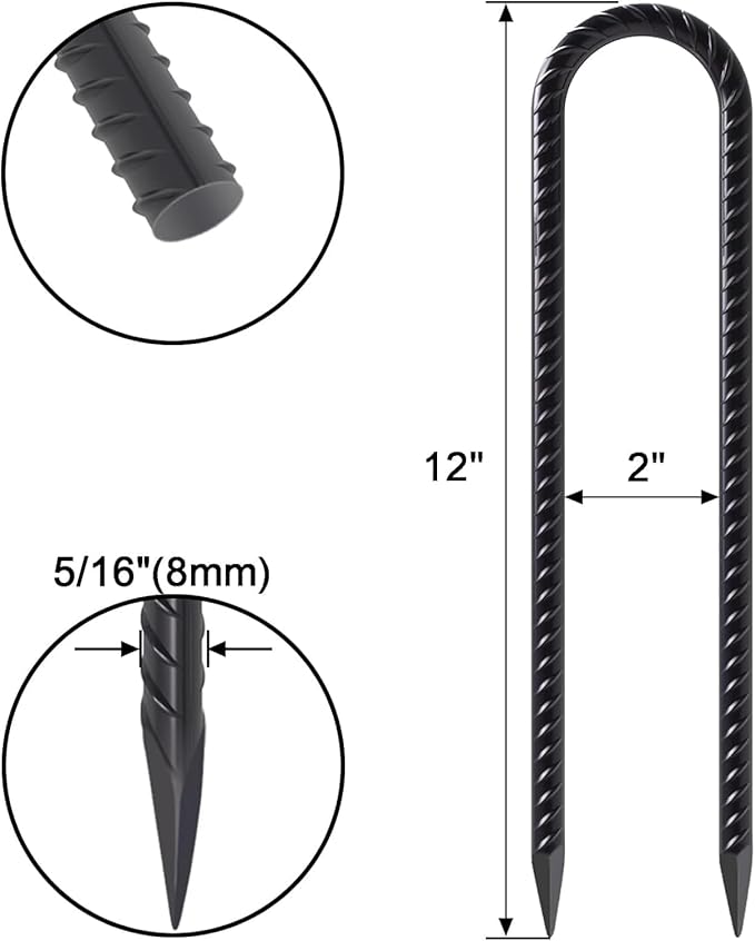 VVOKGO Trampoline Stakes 12 Inches Anchors High Wind Heavy Duty, 12-Pack U Shaped Tie Down Anchor Kit for Ground, Camping Tent, Soccer Net, Swing Set, Black
