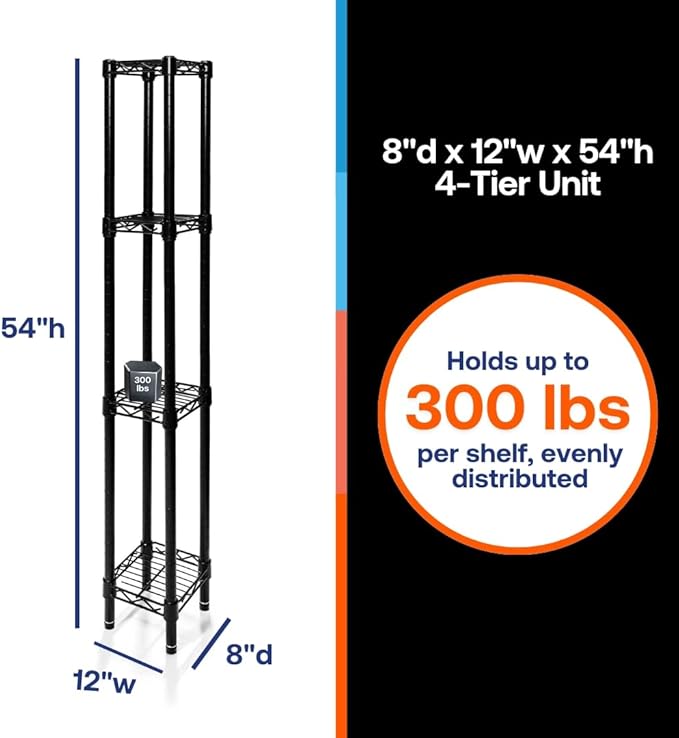 Shelving Inc. 8" d x 12" w x 54" h Black Wire Shelving with 4 Tier Shelves, Weight Capacity 300lbs Per Shelf