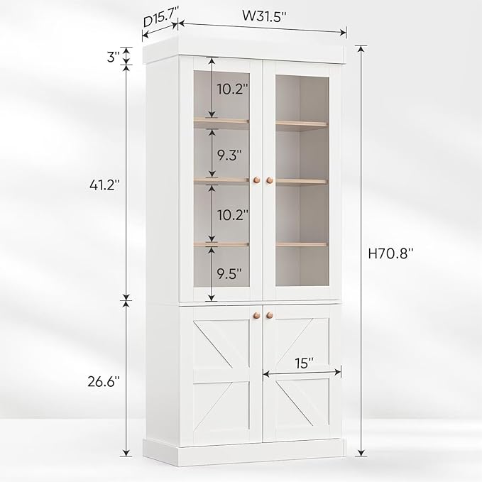 Vyre 71" Tall Farmhouse Bookshelves with Glass Doors, Set of 3 – Large Modular Bookcase with Adjustable Shelves, Storage Cabinet for Living Room, Kitchen, Home Office, White