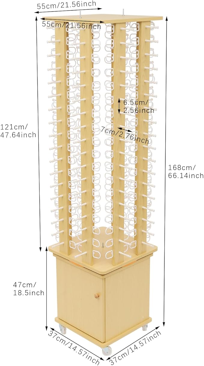 Sunglasses Display Stand, 144 Pairs Wooden 360° Rotating Sunglass Eyeglass Holder Organizer, Glasses Hanger Storage Rack for Retail Commercial Display, W14.6*H66.1in (Wood Color)