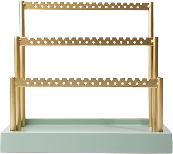 SANY DAYO HOME 3-Tier Earring Holder Organizer Stand, 105 Holes Gold Metal Earring Rack Jewelry Display Tree with Sage Green Wood Tray for Women and Girls