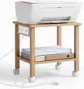 2 Tier Under Desk Printer Stand with Storage, Small Printer Table with Charging Station, Rolling Printer Cart Shelf with Lockable Wheels for Home, Office (Natural)