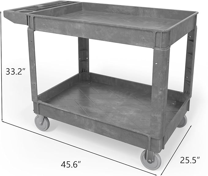 550LBS Utility Cart, 2-Tier 46x25 Inch Utility Cart with Wheels,Heavy Duty Service Cart-Lipped Shelves,Ergonomic Storage Handle and Swivel Wheels for Warehouse, Garage, Cleaning,Gray