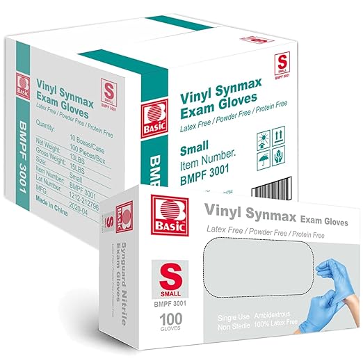 Jointown Basic Vinyl Exam Gloves-Safty Glove Latex-Free & Powder-Free, Synmax Disposable Medical Glove Small (Case of 1000, Blue)