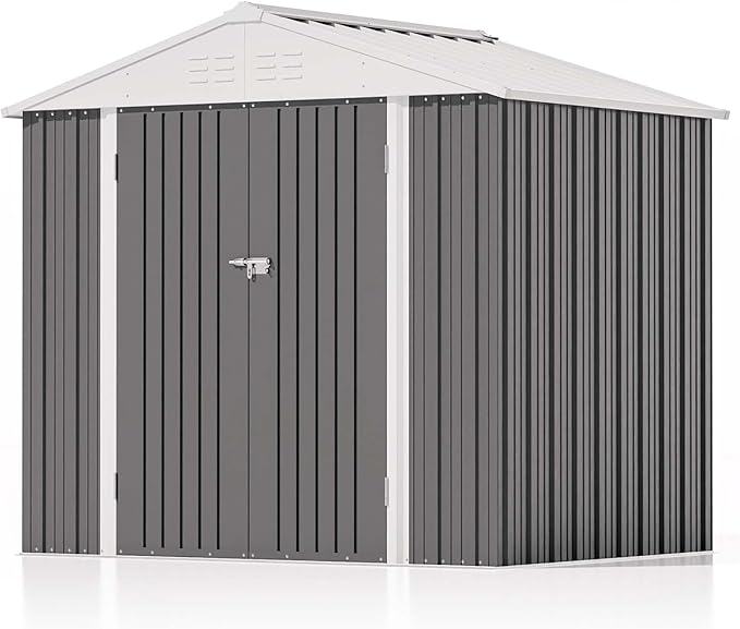 Patiolife Outdoor Storage Shed 8x6 FT, Lockable Metal Shed for Bike and Tools,Large Storage House for Garden and Backyard, Gray