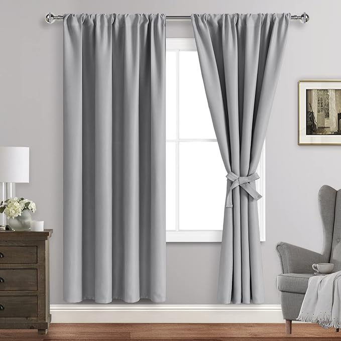 JIUZHEN Silver Grey Curtains for Bedroom - Blackout Curtains & Drapes Set of 2 Panels with Tiebacks, Thermal Insulated Room Darkening Noise Reducing Curtains for Living Room, 42 x 72 Inch