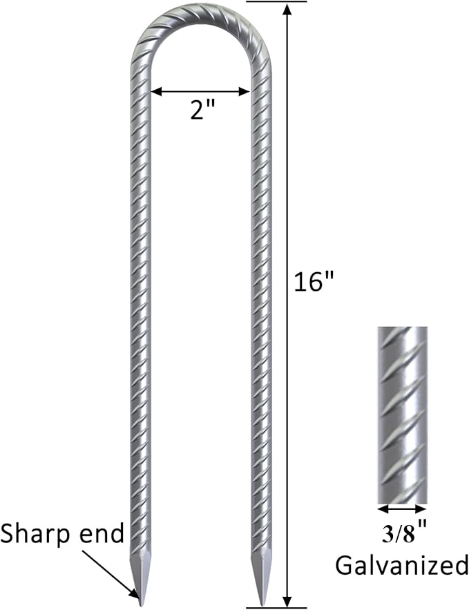Trampoline Wind Stakes 16 Inch, 3/8" Diameter Heavy Duty U Shaped Rebar Tent Fence Stakes for Ground, Galvanized Trampoline Tie Down Anchor Kit 16 Pack