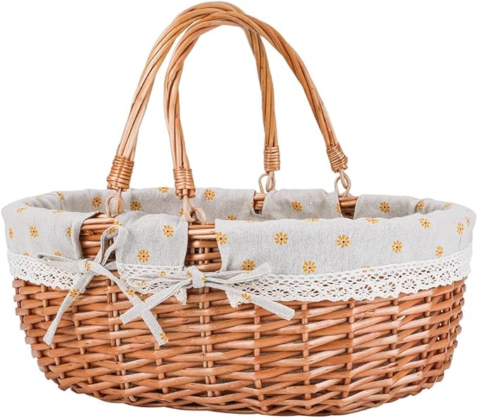 Large Wicker Picnic Basket with Handles,Handle Sturdy Woven Body with Removable and Washable Lining,Outdoor Camping,Gift Packing,Garden Picking, Storage.Yellow Flower