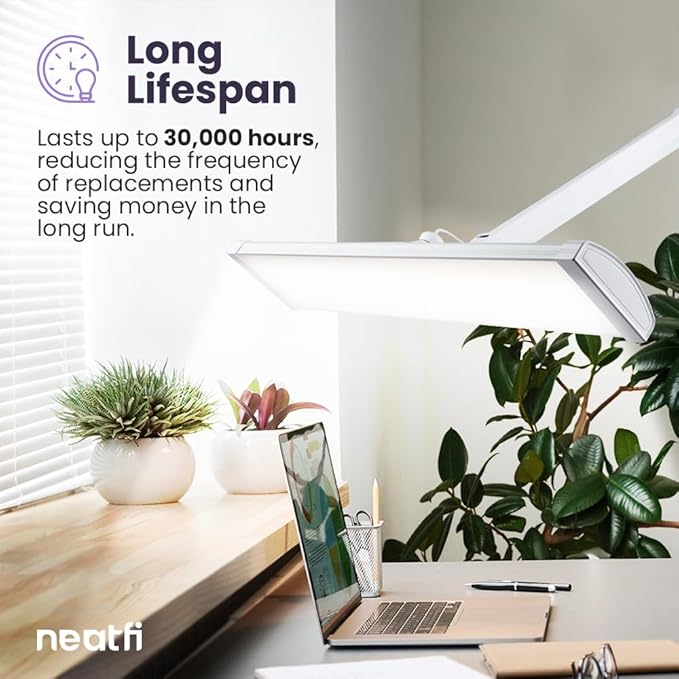 Neatfi 3,500 Lumens Ultra Task Lamp, 26 Inches Metal Lamp, Dimmable, 45W, 270 Pcs SMD LEDs, Desk Light for Home, Office (Non-CCT with Base, White)