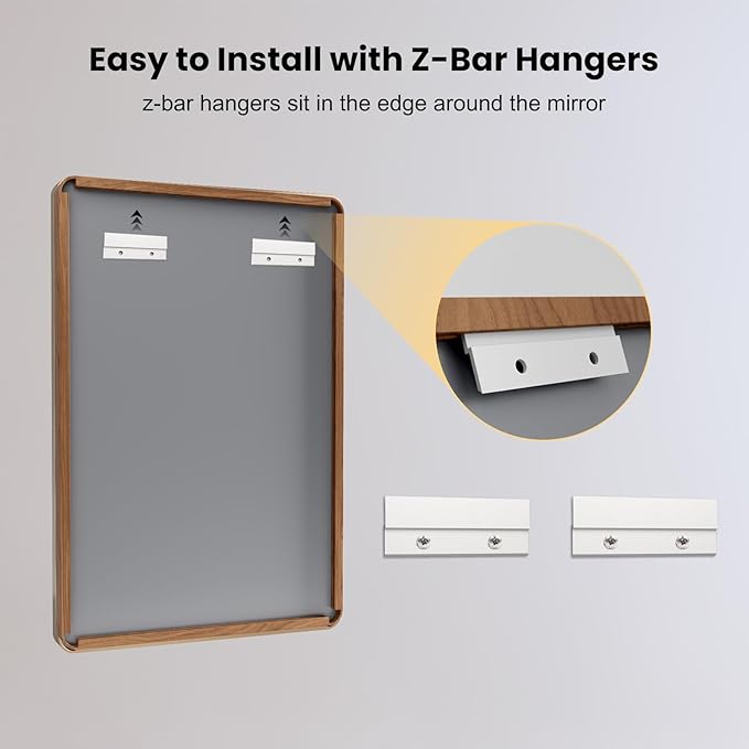 LOAAO 40X32 Inch Bathroom Mirror with Wood Grain Colored Metal Frame, Rounded Rectangle Metal Framed Bathroom Mirror, Anti-Rust, Hangs Horizontally or Vertically, Tempered Glass