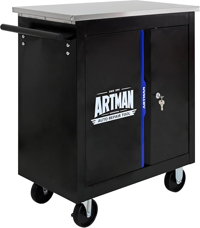 Rolling Tool Chest with 2 Doors and Adjustable Shelves, 25.9" D Movable Lockable Tool Cart Multi-Functional Hardware Storage Cabinet Box Auto Repair Locker