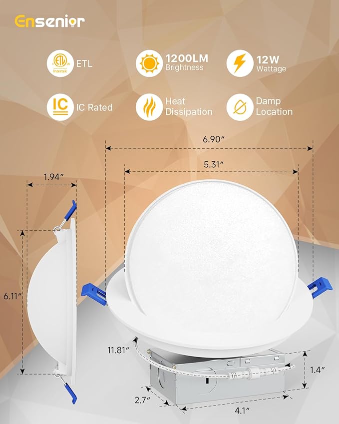 Ensenior 12 Pack 6 inch Gimbal Led Recessed Lighting, 90° Rotatable and 5CCT Selectable, Dimmable Eyeball Recessed Lights, Angled Adjustable Ceiling Downlight, 1200LM, 12W=115W-ETL&FCC Certified