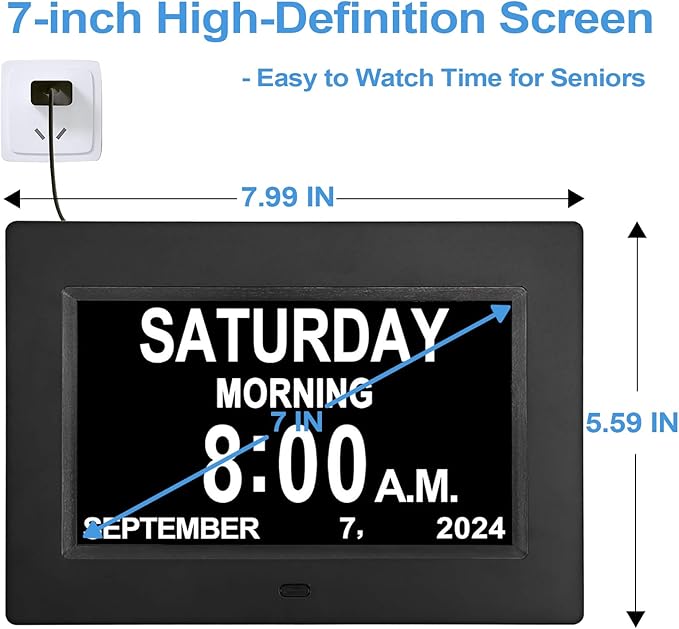 JALL 【2024 New】 Digital Calendar Dementia Day Clock, 7 Inch Large Screen Display, with Multiple Alarms, AM & PM Display, for Impaired Vision People, Age Seniors, for Desk, Wall Mounted