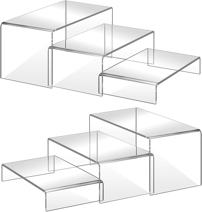 6 Pcs 2 Sets Acrylic Display Riser, 3 Sizes Large Acrylic Risers Display Stands, 0.15" Thick Clear Shelf Riser, Clear Display Risers for Dessert, Candy, Toys, Perfume, High Heels, Wallet