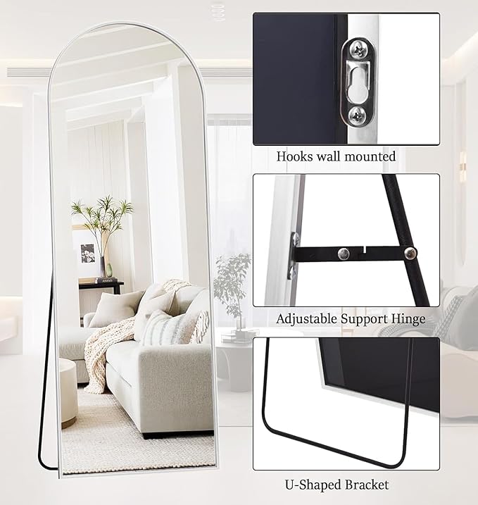 Floor Mirror Arched Full Length Mirrors, 64"x21" Floor Length & Standing Hanging or Leaning & Large Full Body Mirror Wall Mirror for Bedroom, Living Room, Aluminum Frame,White