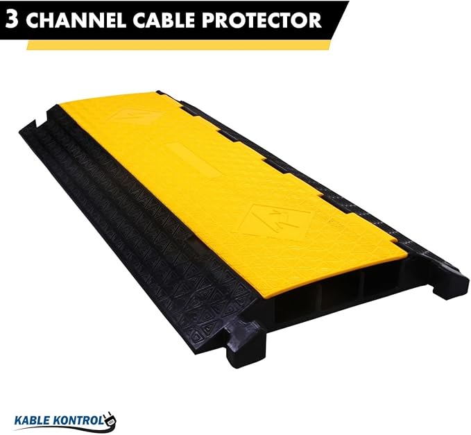 Kable Kontrol Atlas Cable Protector Wire Ramp - 3 Channel - 1 Pc - 35” Long Black & Yellow - 24000 Lbs Load Capacity - Rubber Speed Bump Wire Protector Cord Cover - CP9973
