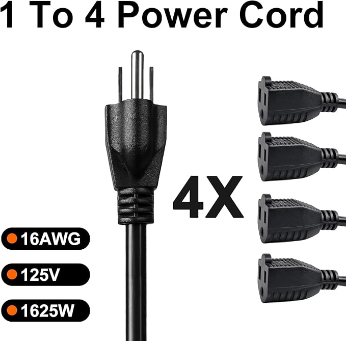 oviitech 1 to 4 Splitter Power Cord,3-Prong SJTW 16 Gauge/3C Extension Cord,1.5FT 4 Outlet Y Splitter Power Extension Cable,Black.