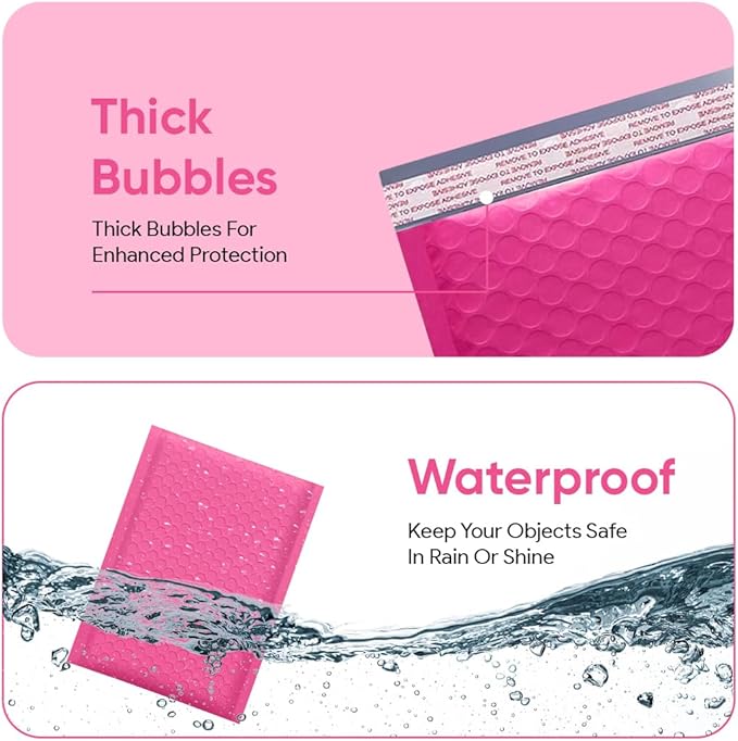 Hot Pink 10.5x16 Inch Poly Bubble Mailers #5 | Self Seal Large Padded Envelopes | Air Cushioned Bubble Mailer | Usable Size 10.5x15 Inch | Waterproof Lightweight Mailing Shipping Bags | 100 Pack Bulk