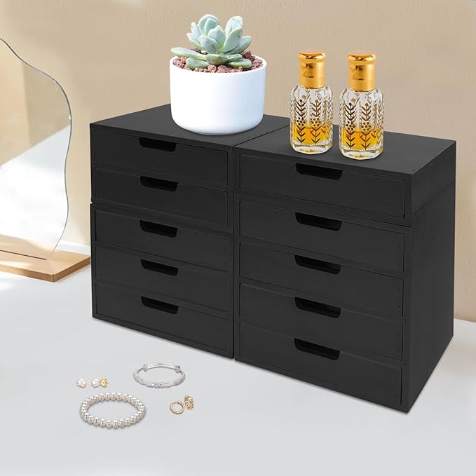 4-piece Drawer Cabinet, Organizer Sorter Container Keeper Unit Storage Box Stackable Chest Divider Shelf System with 10 Drawers & 4 Stackable Units for Home Office Study Room Dorm Bedroom(Black)