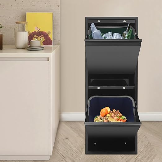Recycling Trash Cabinet with 2 Bins & Tilt-Out Door – 15-Gallon Stainless Steel Organizer for Kitchen, Garage – Dual Waste Sorting System for Homeowners (Black)