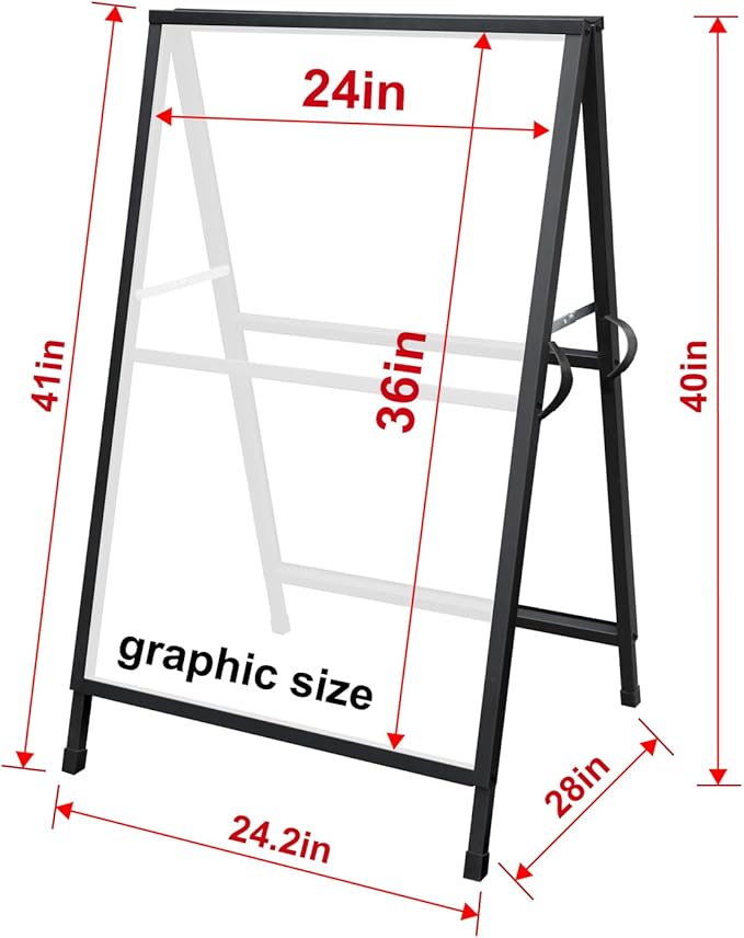 Heavy Duty Slide-in Folding A Frame Sign Sidewalk Sign 24x 36 Inch Sandwich Board Steel Metal Double-Side Pavement sign Corrugated Plastic Poster (24x36 inch(Frame only))