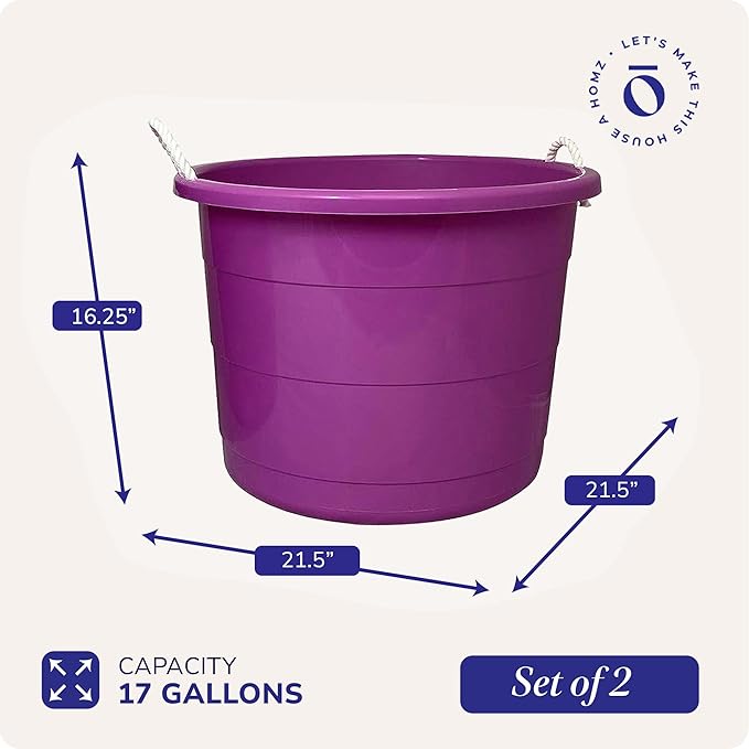 HOMZ 2-Pack Utility Tub, Large Plastic Storage Bucket with Rope Handles, 17 Gallon, Purple - Portable Indoor and Outdoor Buckets for Kitchen, Laundry, Garden, Bathroom, and Garage Organization