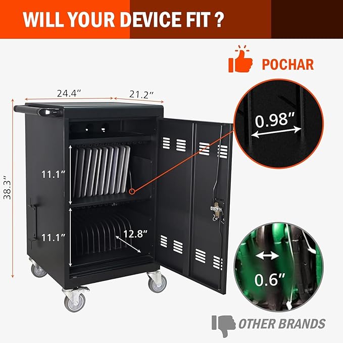 32 Devices Laptop Charging Cart, Tablet Storage Carts for Pad Up to 16.3" Screen Size, Classroom Computer Mobile Charging Station for Pads,Chromebooks,Laptops,Security Storage (Black)