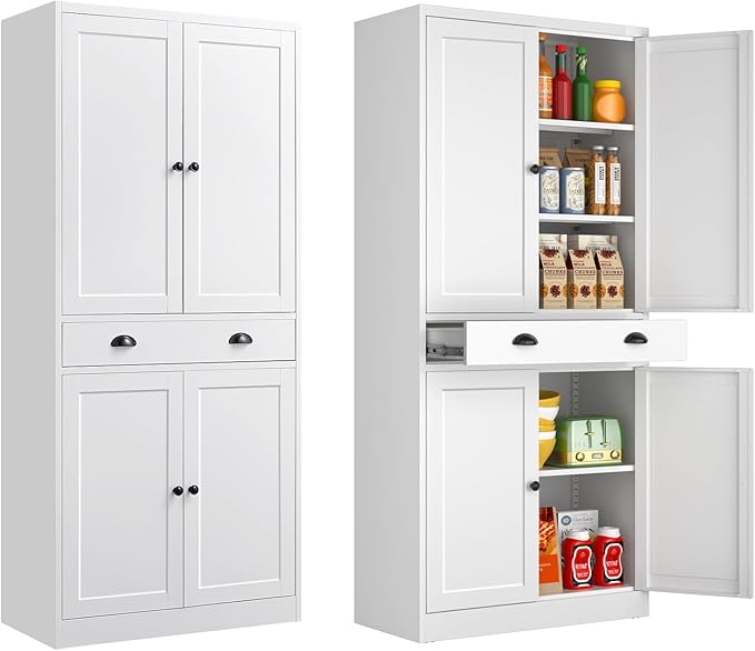 Metal Kitchen Pantry Cabinet, 71'' Tall Food Pantry Storage Cabinet with Doors and Shelves, White Freestanding Cupboard for Dining Room, Living Room - Assemble Required