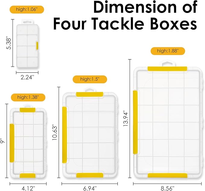 DOWELL Tackle Boxes, Plastic Tackle Storage Box Set, 4 Assorted Sizes with Removable Dividers, Fishing Tackle & Parts Organizer (4 Packs Trays)