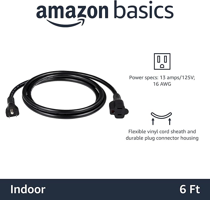 Amazon Basics Extension Cord, 13 Amps, 125V, 6 Foot, Black - Pack of 2