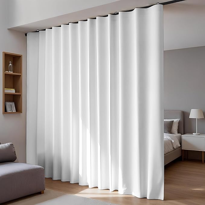 Room Divider Blackout Curtains Flexible Sliding Tracks Sets Ceiling Mounted Rod Window Curtain Privacy Separation for Bedroom Living Rooms,1 Panel Gray White Drape and Black Track Set-W180xH96 in