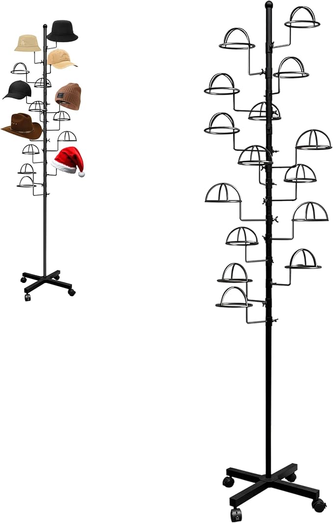 Montex Freestanding Hat Rack Stand, Metal Hat Organizer Rack with 15 Customisable Circular Hooks, Hats Tree Stand Floor Standing Hat Display, Black