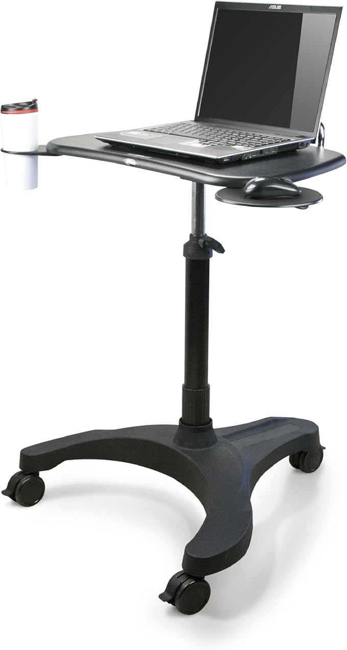 EHO Mobile Laptop Desk Cart with Wheels, Height Adjustable Standing Desk with Pneumatic Lift, Rolling Workstation with Mouse Tray and Cup Holder, Portable Table for Home Office or Classroom