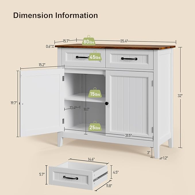 Gizoon Kitchen Sideboard Buffet Cabinet, 32'' H Large Kitchen Storage Island and Adjustable Shelf, Modern Coffee Bar Console Cabinet for Dining Room, Bathroom, Entryway, Retro