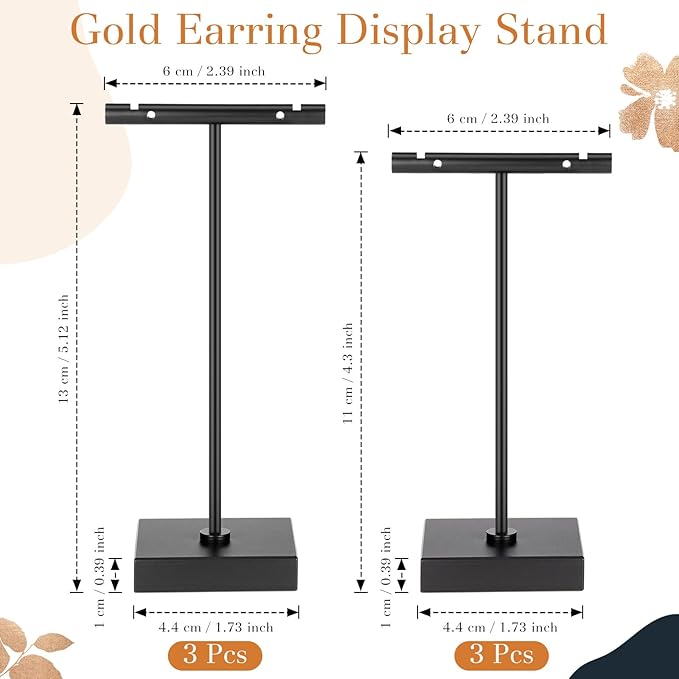 Kigeli 6 Pack Metal T Bar Earring Display Stand Retail Earring Display Holder Detachable Metal Earring Display Storage Rack Jewelry Photography Prop, Square Base, Height 4.3" and 5.1" (Black)