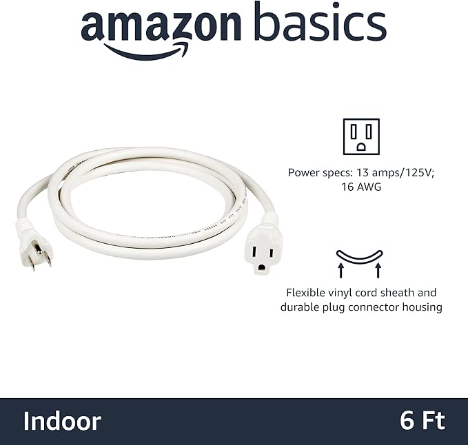 Amazon Basics Extension Cord, 13 Amps, 125V, 6 Foot, White - Pack of 2