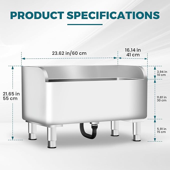 Commercial Mop Sink 304 Stainless Steel Floor Sink with Deep Basin, Anti-Splash Design & Quick Drainage Heavy-Duty Mop Service Basin for Kitchen, Laundry, Garage, Restaurant (23.6''×16.1''×21.6'')