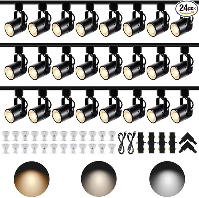 Dimmable 24-Pack GU10 Black Track Lighting Kit with Replaceable bulbs, All-in-One Plug in 3CCT Ceiling Spotlights with 26.2FT Track Rails, Accent Lighting for Home, Store, Moblie Cart and Office