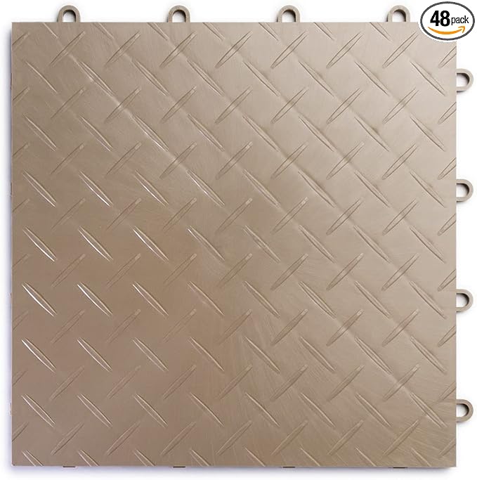 Big Floors RaceDeck Diamond Plate Design, Durable Interlocking Modular Garage Flooring Tile (Beige, 48 Pack of 12 x 12" Tiles)