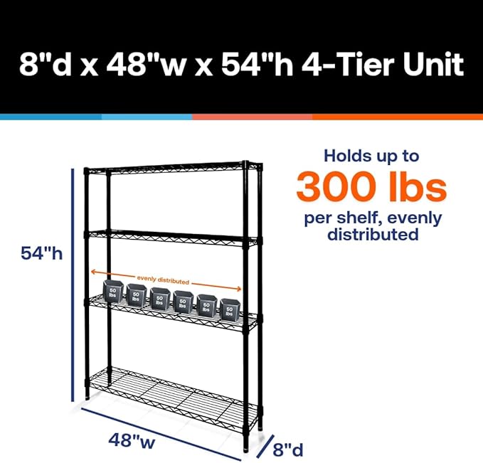 Shelving Inc. 8" d x 48" w x 54" h Black Wire Shelving with 4 Tier Shelves, Weight Capacity 300lbs Per Shelf