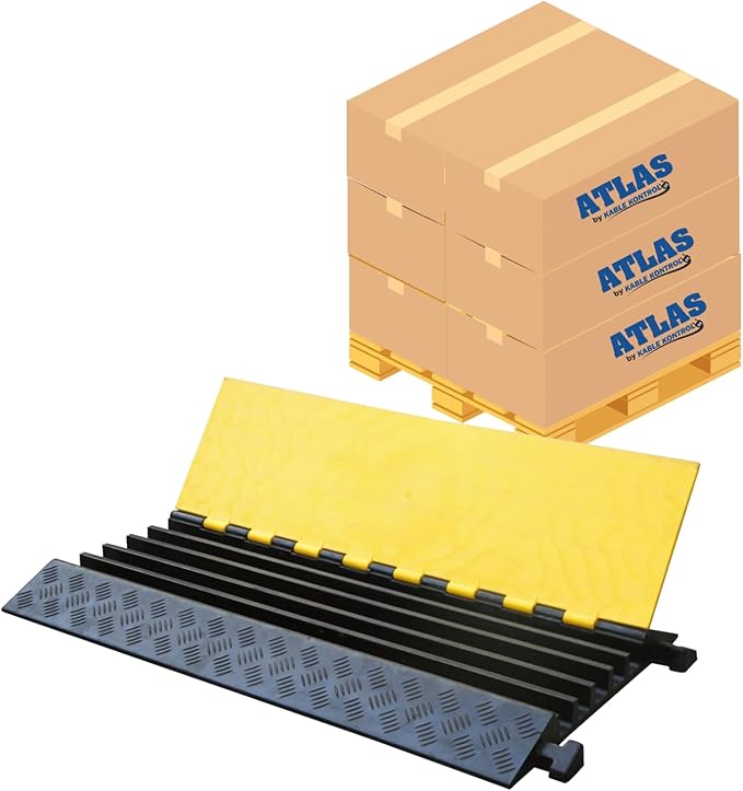 Kable Kontrol Atlas Heavy Duty Cable Protector Ramp - 5 Channel Bulk Wholesale Pallet - 10 Pcs - 36" Long Black & Yellow - 36,000 Lbs Capacity - Rubber Speed Bump Wire Protector Cord Cover - CP9988