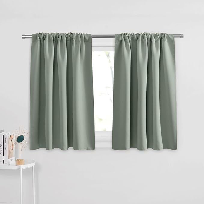 PONY DANCE Sage Green Short Window Curtain Panels 36 inch Long - Rod Pocket Room Darkening Drapes for Dorm Storage Door Kitchen Basement Farmhouse Decor, W 42 x L 36 inches, 2 Panels