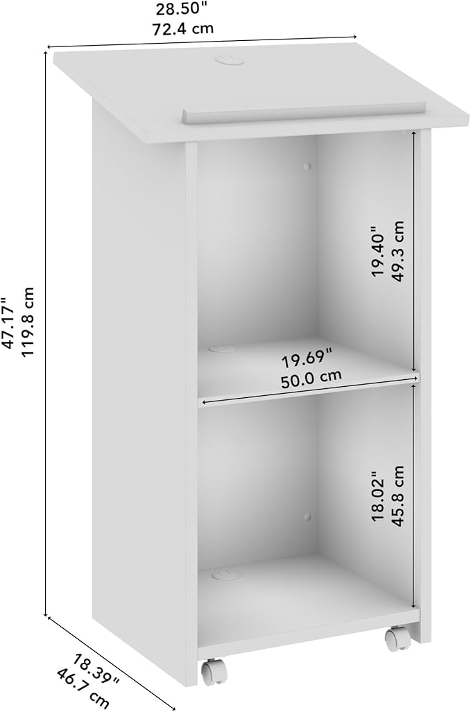 Bush Business Furniture Podium Lectern, 48 inch Tall, Professional-Grade Mobile Presentation Stand Up with Shelves, Envision Collection, White