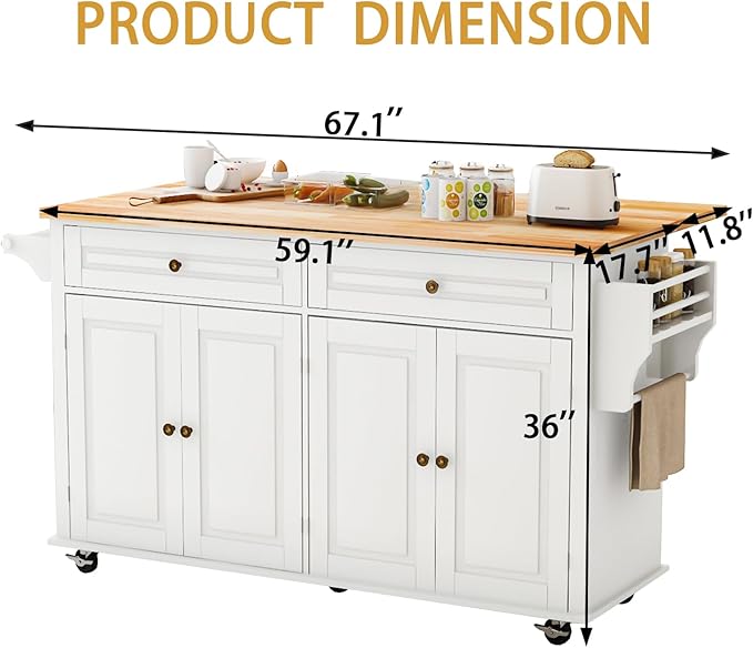 67’’ Movable Kitchen Island with Drop Leaf and Power Outlet, Lockable Sliding Countertop Rolling Island Cart with 2 Large Drawers, Spice, Towel Rack,White