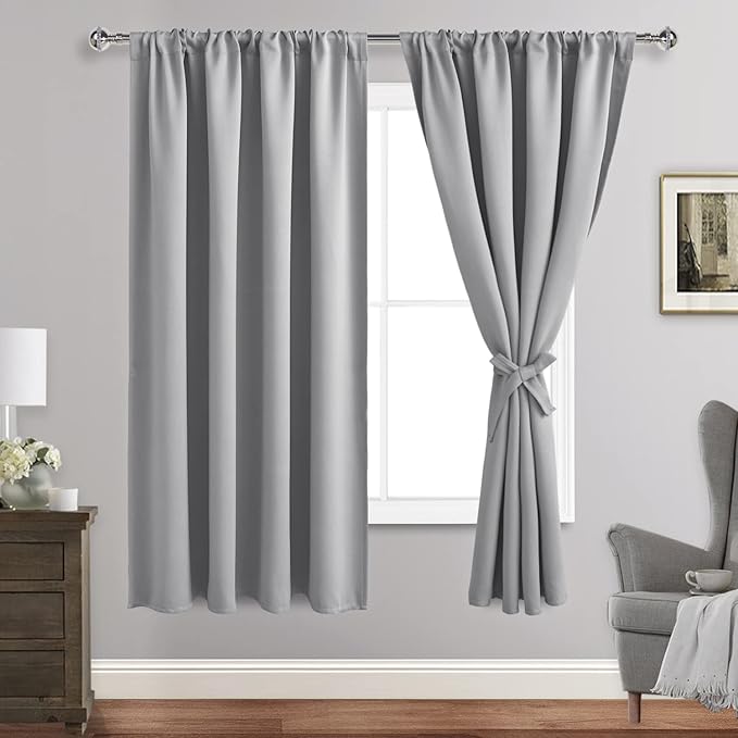 JIUZHEN Silver Grey Curtains for Bedroom - Thermal Insulated Blackout Curtains with Tiebacks 2 Panels, Room Darkening Rod Pocket Curtains for Living Room, 52 x 72 Inch Length